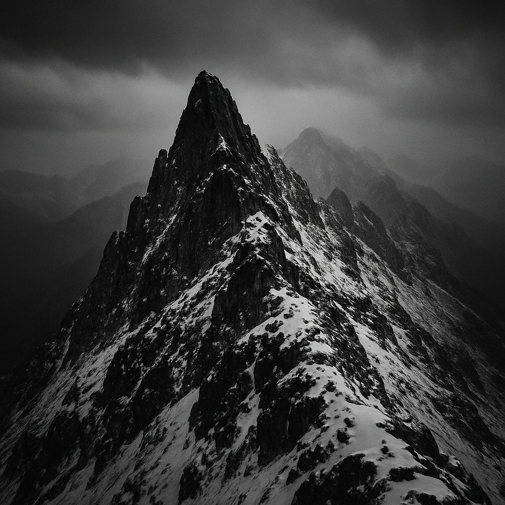 Black and white rocky snowy mountain summit